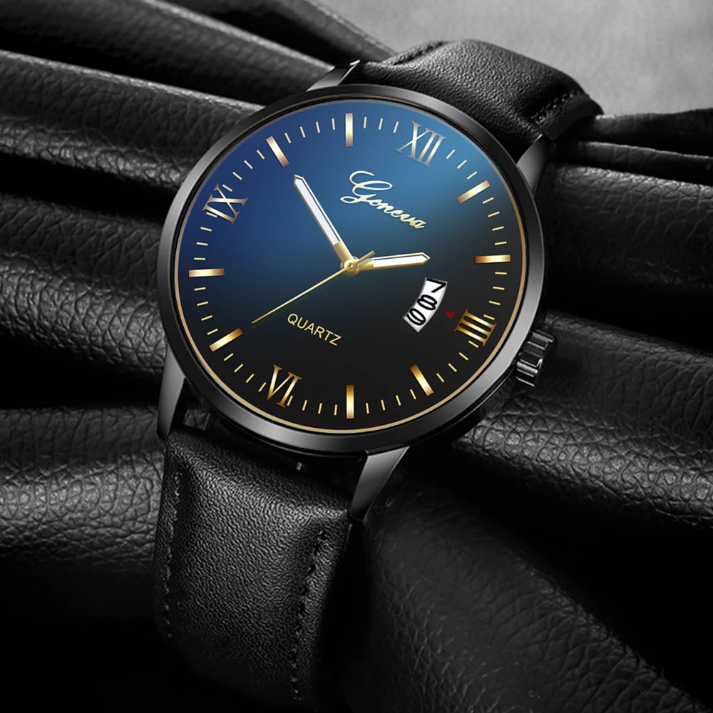 GENEVA мужские часы тонкий кожаный ремешок спортивные с календарем модные Топ бренд