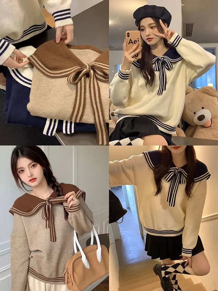 Женский трикотажный свитер с длинным рукавом Синий Свободный контрастных цветов