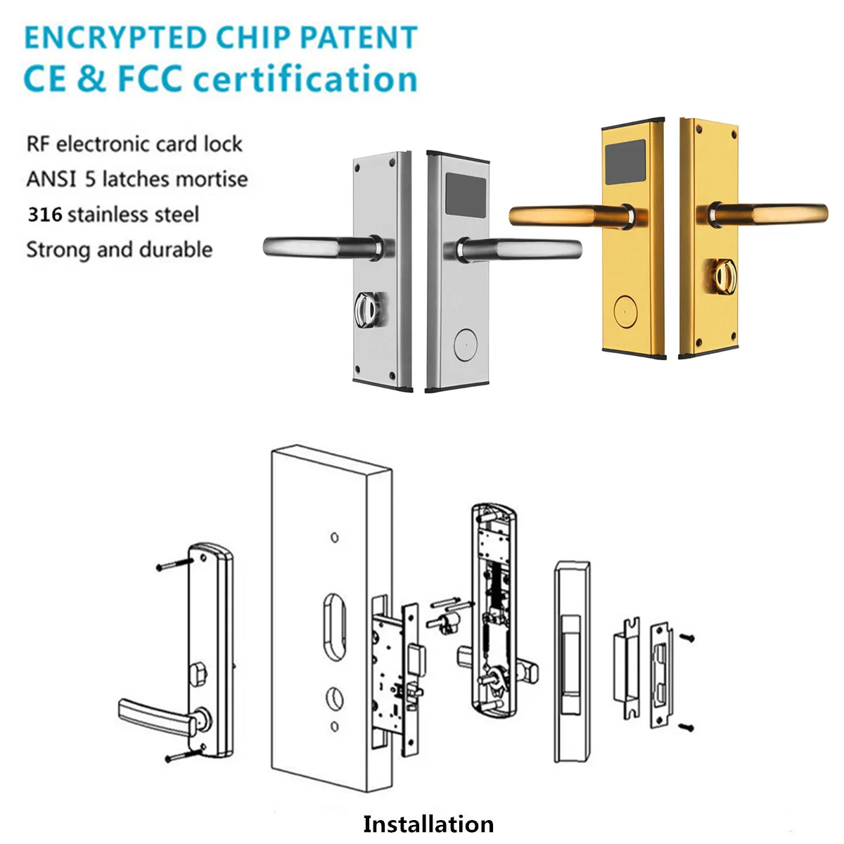 Safurance Digital Card Lock Security Stainless Steel Intelligent RFID Digital Card Key Unlock Hotel Door Lock System Door Locks
