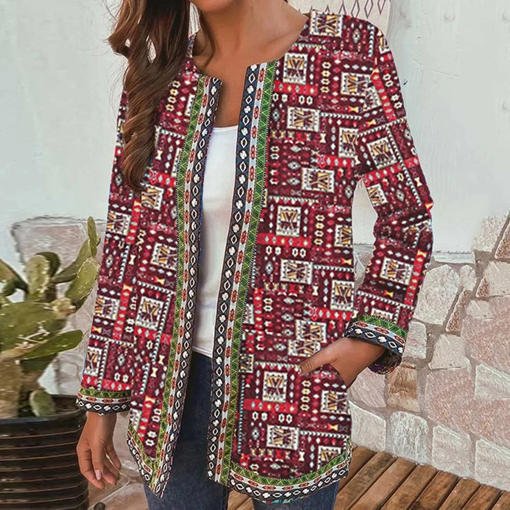 

Женский кардиган с принтом, повседневный простой кардиган в западном стиле с круглым вырезом и длинным рукавом, Осень-зима 2021