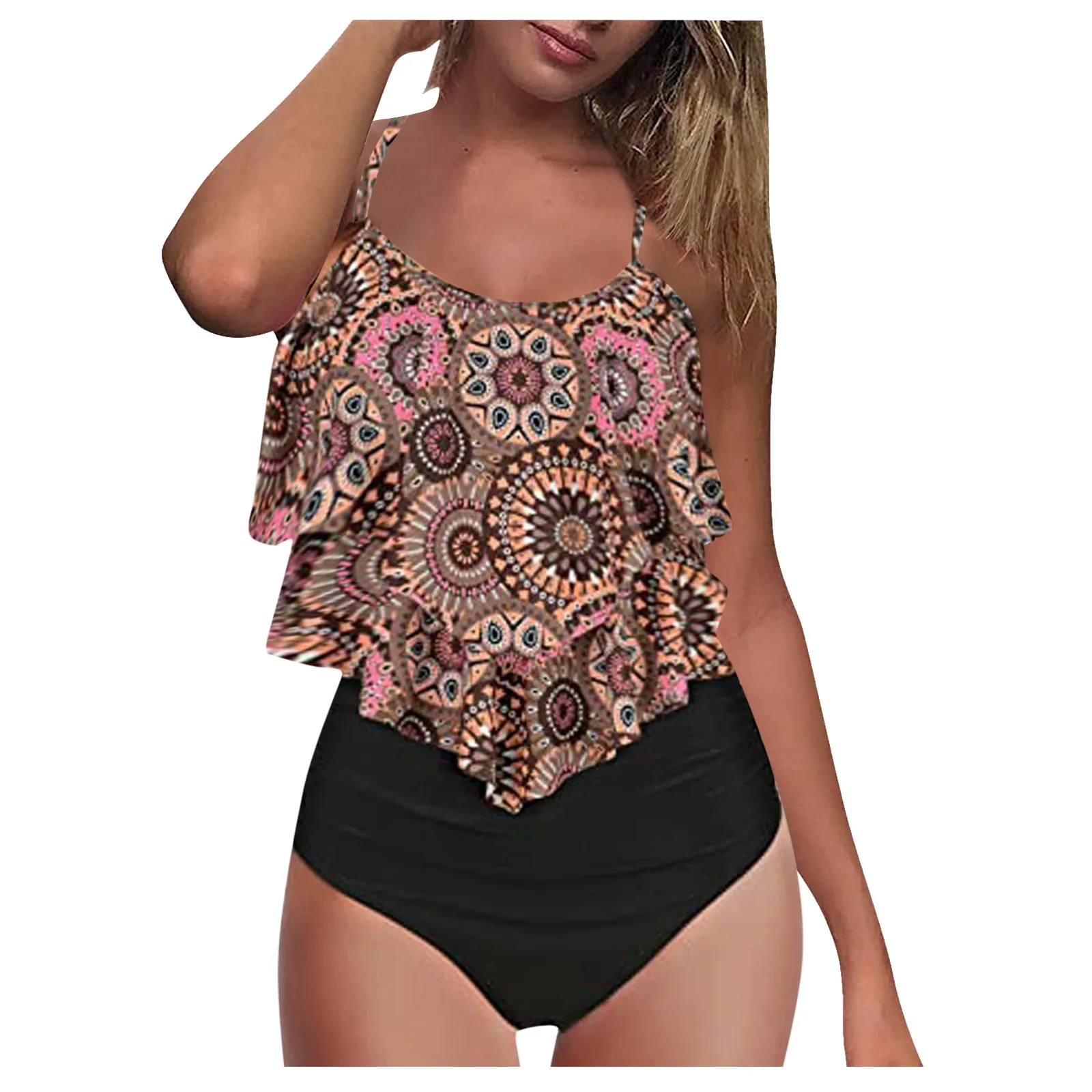 

TELOTUNY Women's swimsuits Women Sexy Pattern Printing Split Bikini Set Sexy Ruffle High waist Halter Two Piece Swimsuit Biquini