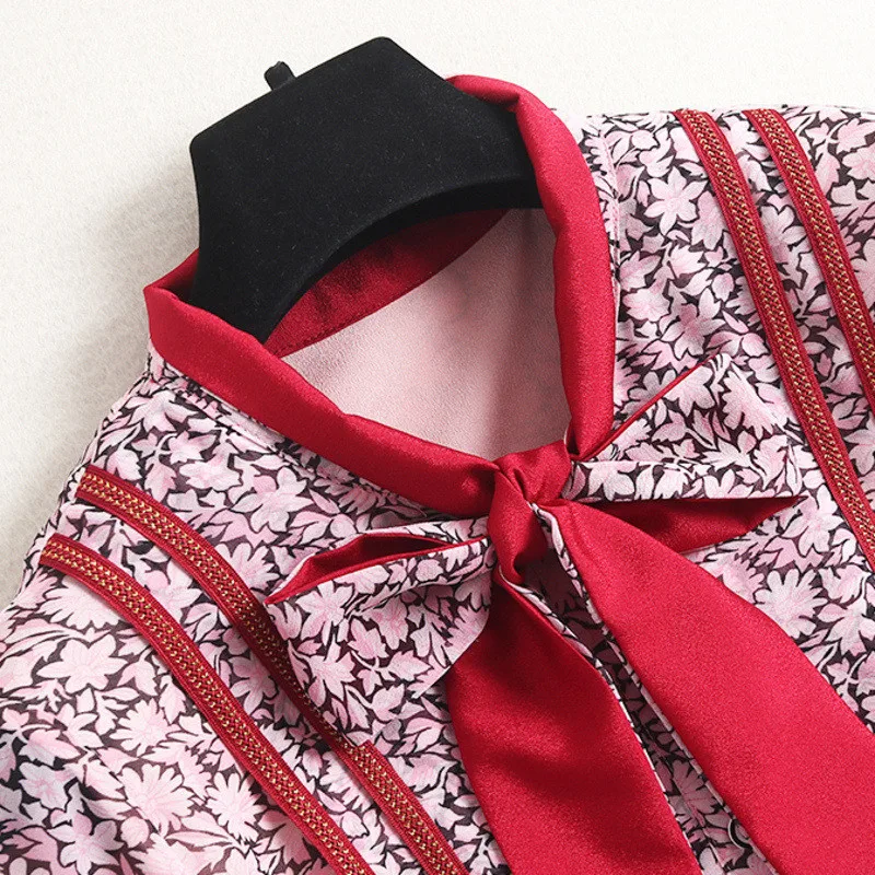 

Women Elegant Spring Long Sleeve Bow Collar Chiffon Print Dress Festa High Quality Aline Robe Femme Mid Calf Holiday Vestidos