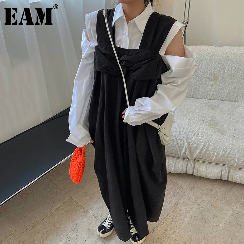 

[EAM] High Wais Black Bow Spliced Long Overals Trousers New Loose Fit Pants Women Fashion Tide Spring Summer 2021 1DE0929