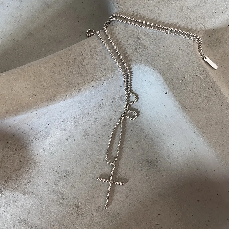 

Niche jewelry 925 sterling silver necklace round beads cross sweater chain simple necklace