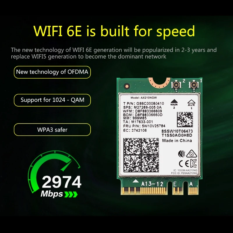 

Dual Band WI-FI 6E AX210 M.2 2400Mbps Wireless Card for AX210NGW Bluetooth 5.2 W8ED