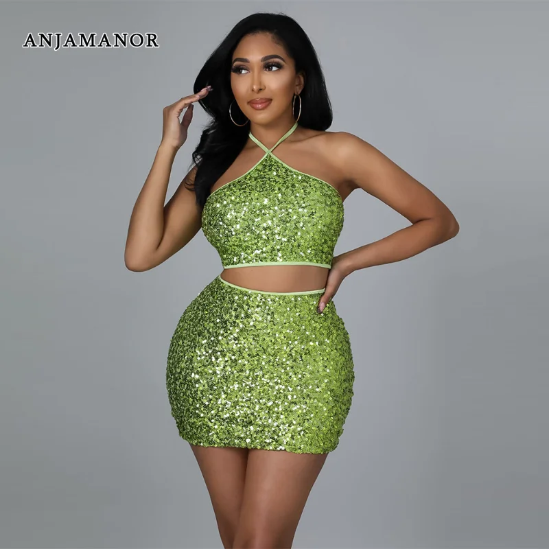 

ANJAMANOR Sexy Party Nightclub Dress Sets Sparkle Sequin Two Piece Sets Halter Crop Top and Mini Skirts Womens Outifits D57-EZ28