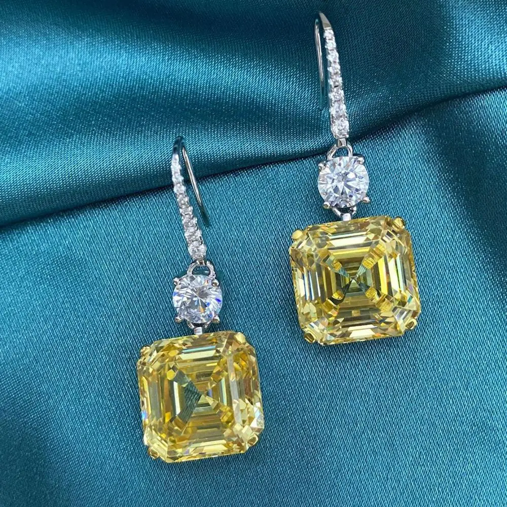 

Real 925 Sterling Silver Yellow stone Created Moissanite Diamond Citrine Gemstone Drop Dangle Hooks Earrings Fine Jewelry