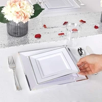 25 guest silver plastic plates with disposable plastic silverware silver rim square plastic dinnerware set125pcs