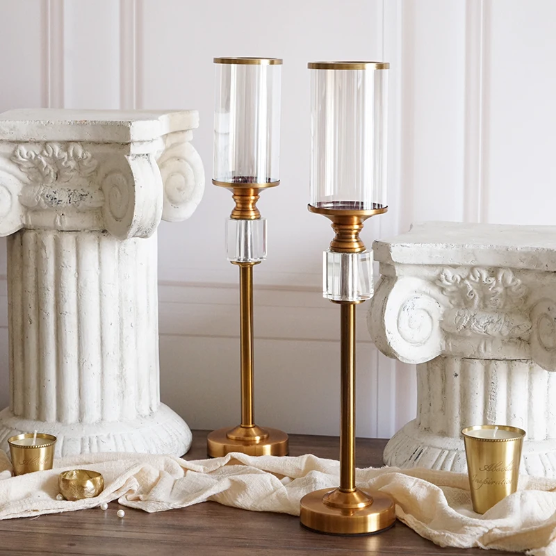

Nordic Luxury Candle Holder Crystal Romantic Wedding Glass Brass Gold Tall Candle Holder Dinner Table Home Decoration New MM60ZT