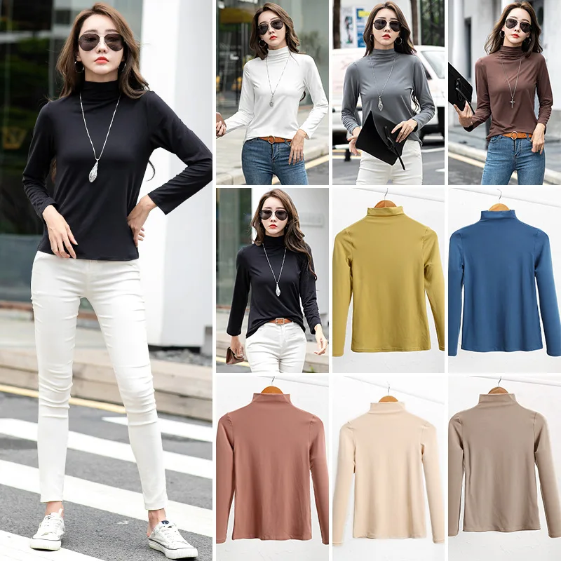 

Modal Half High Collar Cardigan Long Sleeve Autumn Winter Plush T-shirt Women's Versatile 2020 New Black Top Long Sleeve