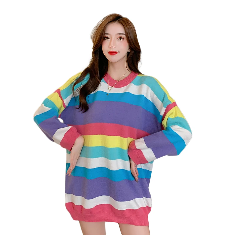 

Женский свитер в радужную полоску, пуловер оверсайз в Корейском стиле с длинным рукавом, одежда в стиле Харадзюку на осень и зиму