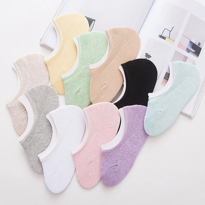 

5 Pairs Summer Non-Slip Silicone Lovely Invisible Boat Socks Casual Fashion Solid Color Cotton Breathable Adult Thin Ankle Sox