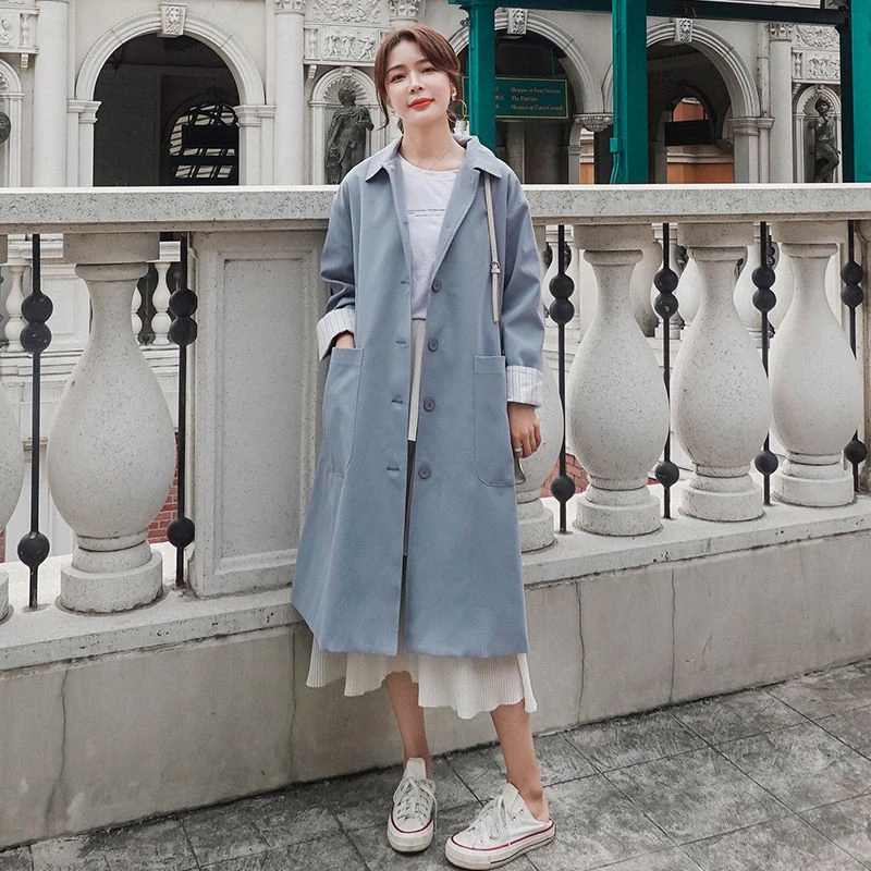 

Тренчкот женский длинный с отложным воротником, модная повседневная свободная двубортная ветровка, пальто на весну-осень, 2021