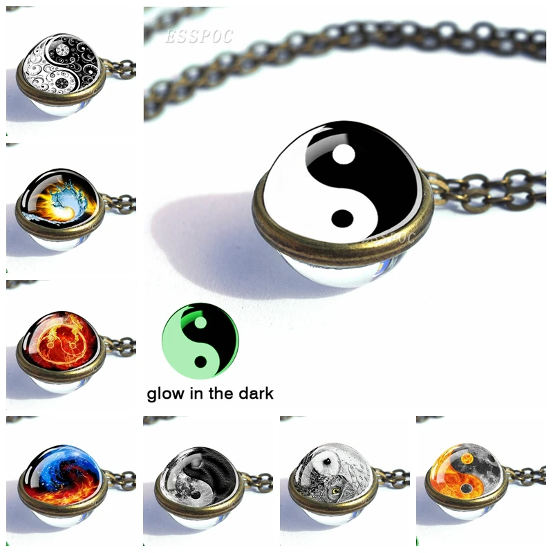 

Glow In The Dark Black and White Yinyang Taichi Necklace Double Side Glass Ball Pendant Handmade Necklaces Taoism Symbol Jewelry