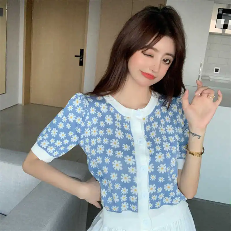 

Real Shot French round Neck Puff Sleeve Contrast Color Jacquard Casual