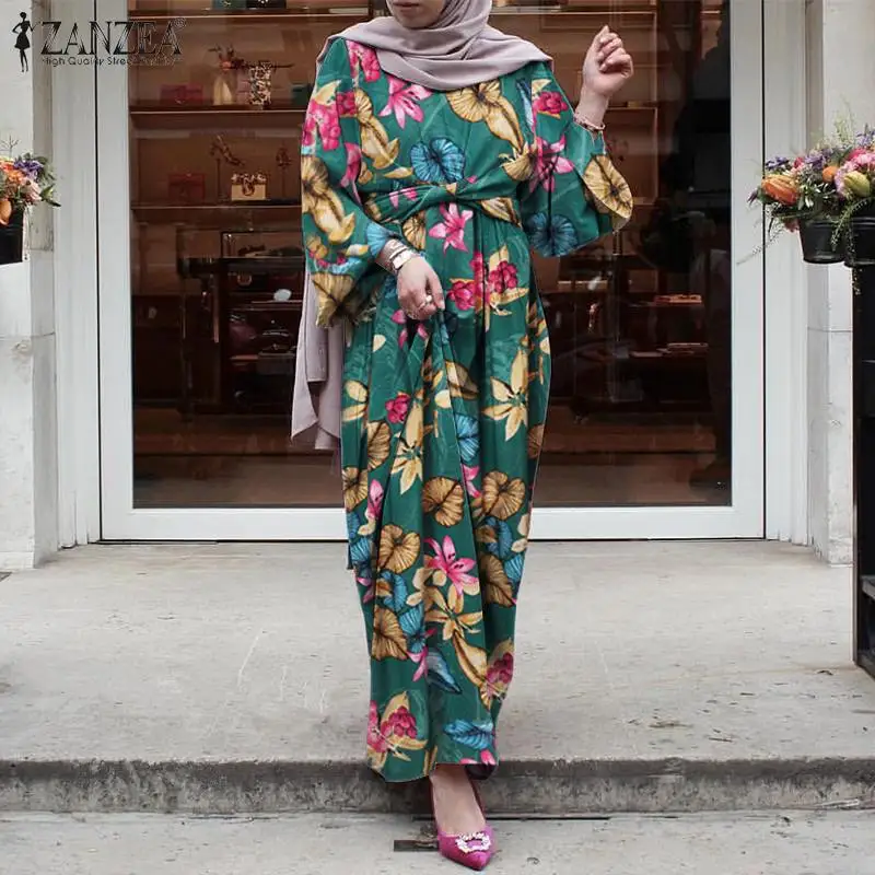 

Women Muslim Fashion Dress Vintage Crew Neck Long Sleeve Sundress Kaftan Floral Print Maxi Dress Muslim Casual Abaya Hijab Robe
