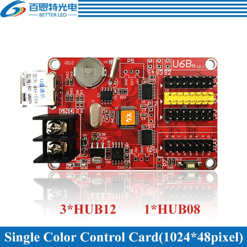 

HD-U6B USB 3*HUB12 & 1*HUB08 Single color(1024*48 pixels) & Dual color(512*48 pixels) LED display control card