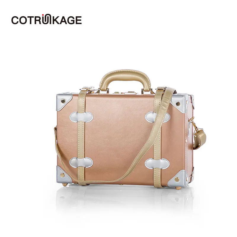 COTRUNKAGE, розовое золото, 13 дюймов, женская сумка из искусственной кожи, переноска чемодана, косметичка для девочек, декоративная коробка с ремнями