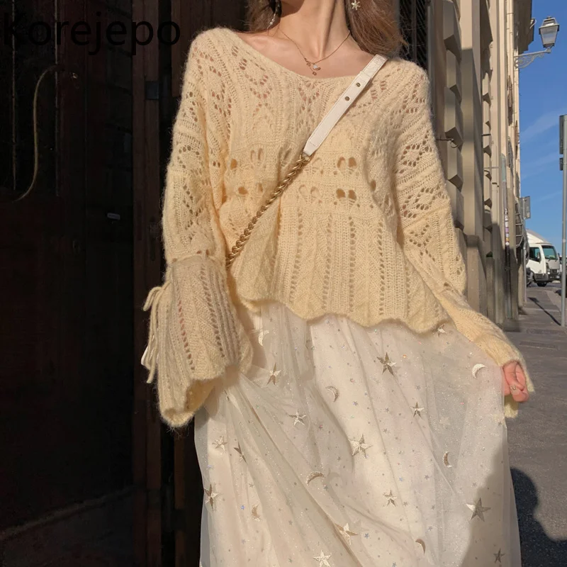 

Korejepo Women Sweater 2021 Autumn Sweet Retro Gentle V-neck Hollow Knit Korean Chic Loose Pullover Long-sleeved Mohair Sweater