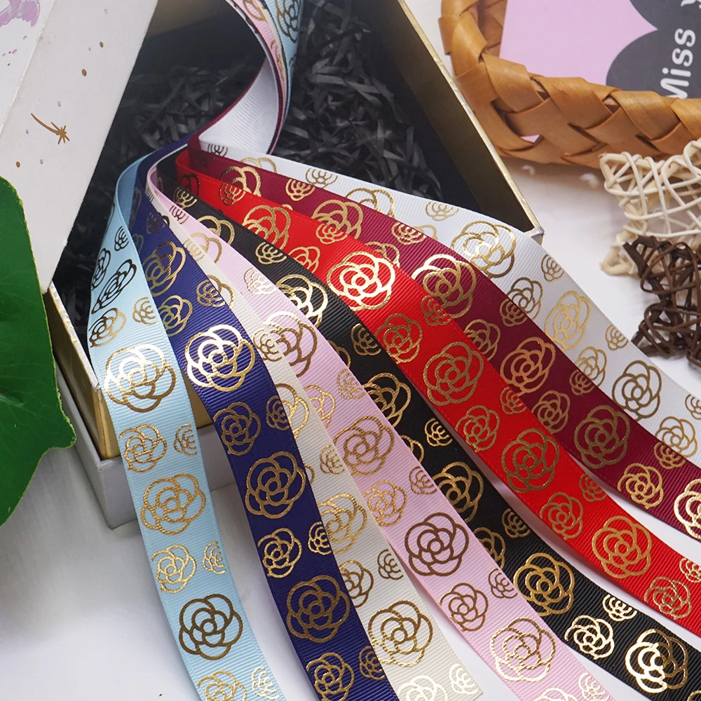 

Free shipping 22mm 50 yard gold Flower foil printed grosgrain ribbon I1403623