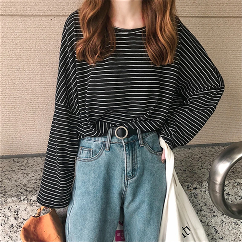 Осенняя полосатая женская футболка с круглым вырезом длинным рукавом кавайные