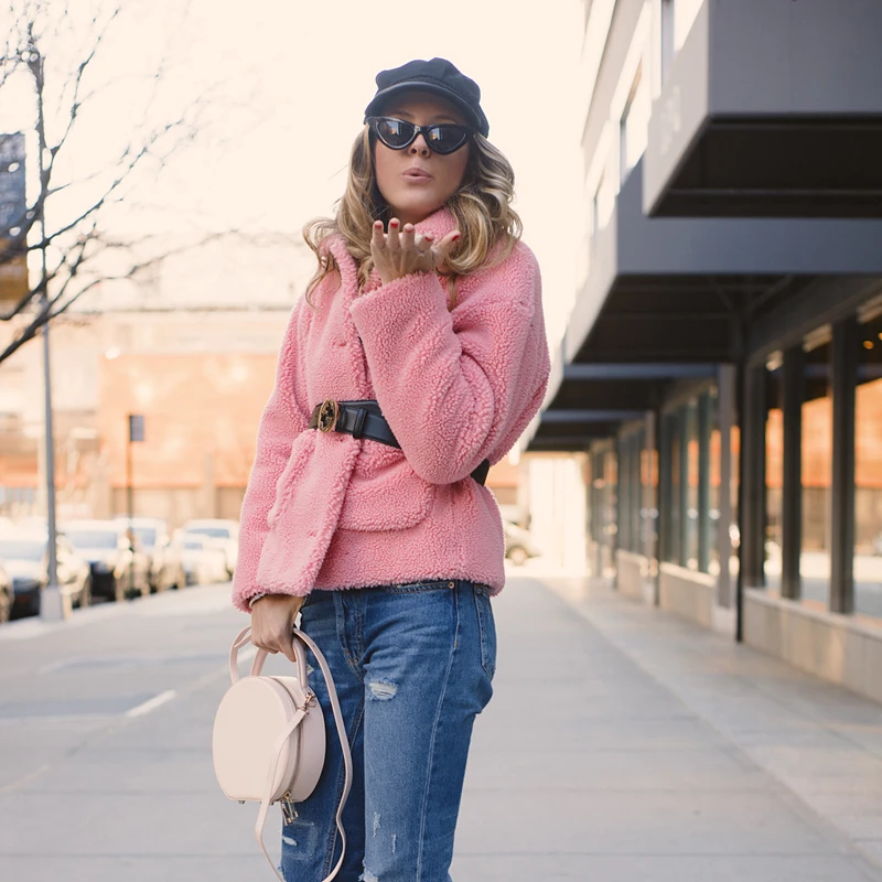 Розовый плюшевый мишка из искусственного ягненка куртка пальто женская верхняя
