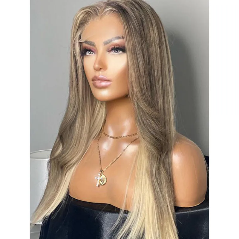 

Long Blond Middle Part Lace Frontal Wig Brazilian Human Remy Hair Highlight Blond Glueless Wig Preplucked For Black Women