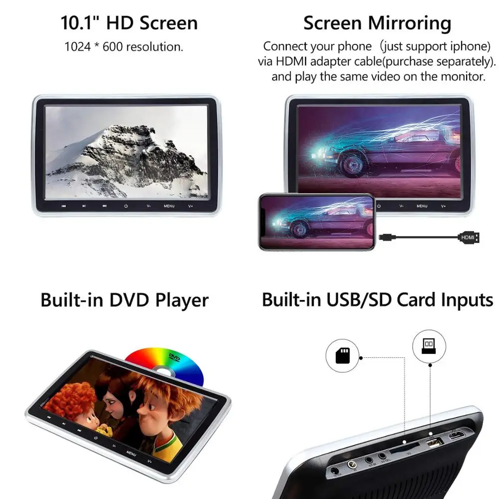 Автомобильный монитор на подголовник 10 1 дюйма DVD-видео плеер USB/SD/HDMI/IR/FM TFT ЖК-экран