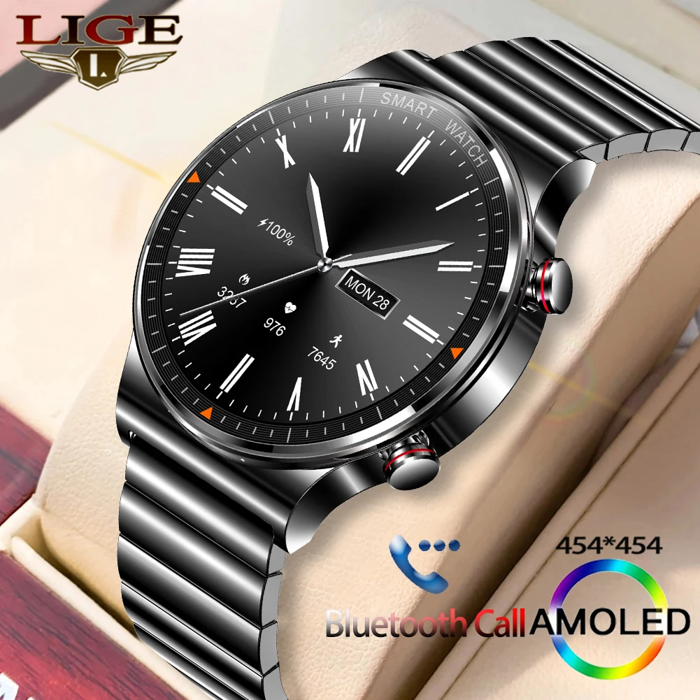 

LIGE AMOLED 454*454 1.39 Inch HD Screen Smart Watch Men Custom Dial Bluetooth Call Waterproof Heart Rate Smartwatch Three Straps