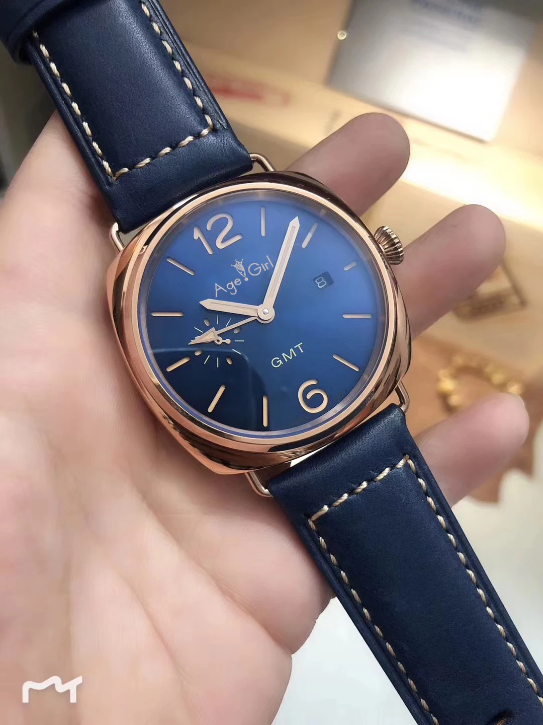 

New Men Automatic Mechanical Stainless Steel Blue Leather Rose Gold Sport Dive GMT Watches Limited 44mm AAA+