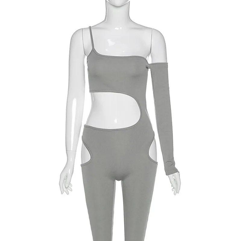 Echoine 2021 Sexy Hollow Out Fitness Women Jumpsuit One Shoulder Solid Elastic Activewear Slim Sporty Streetwear Rompers Outfits