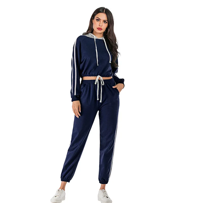

Winter Tracksuit 2pcs Women Set Hoodies Crop Top Sweatshirt+Side Stripe Pants Hooded 2 Pieces Sets Women Clothing Suits Female