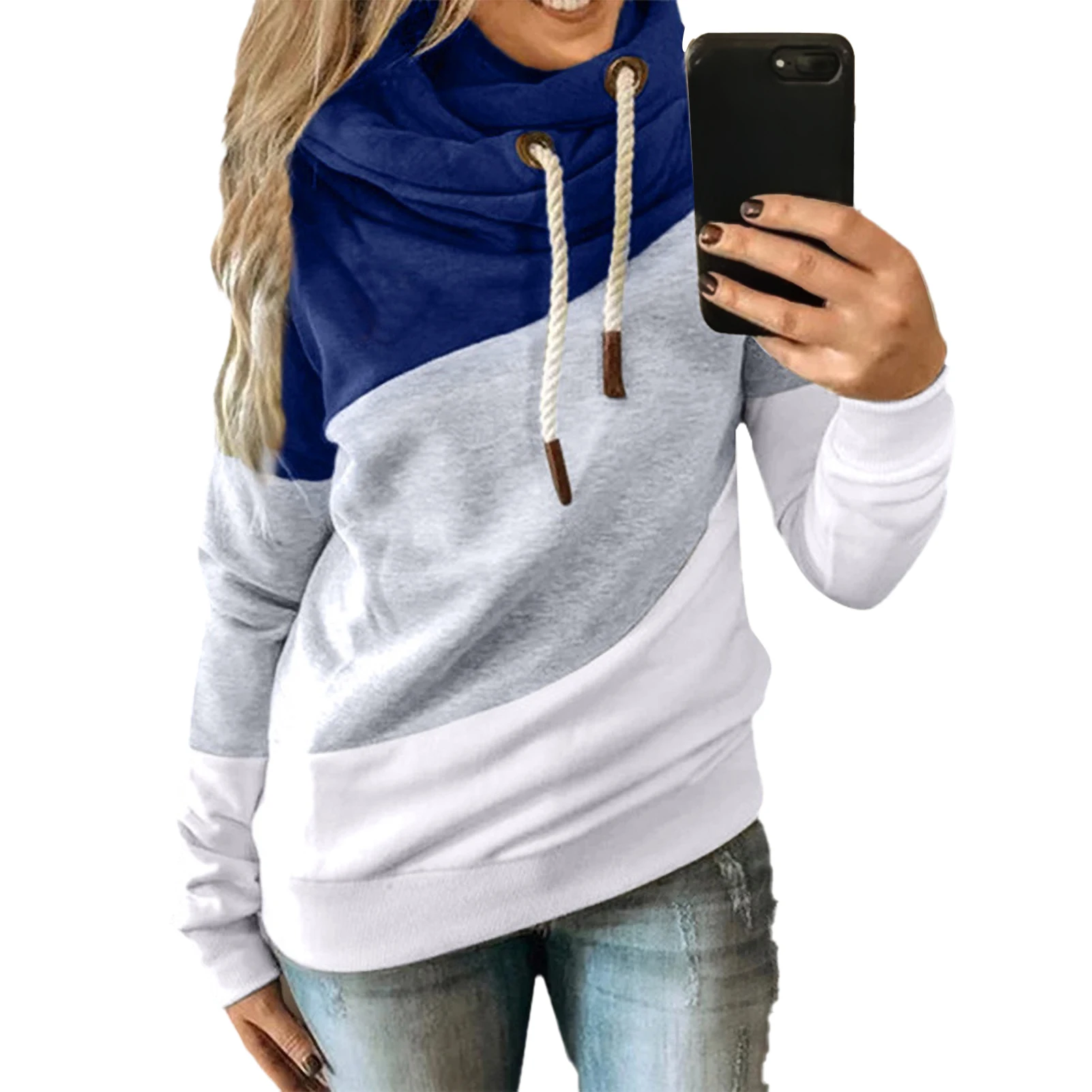 Худи женское оверсайз с воротником-хомутом цветная полосатая толстовка кулиской