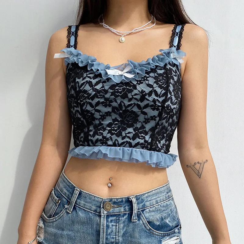 

Женский топ на бретельках, голубой сетчатый топ составного кроя с кружевным бантом и оборками, в готическом стиле, Летний сезон 2022