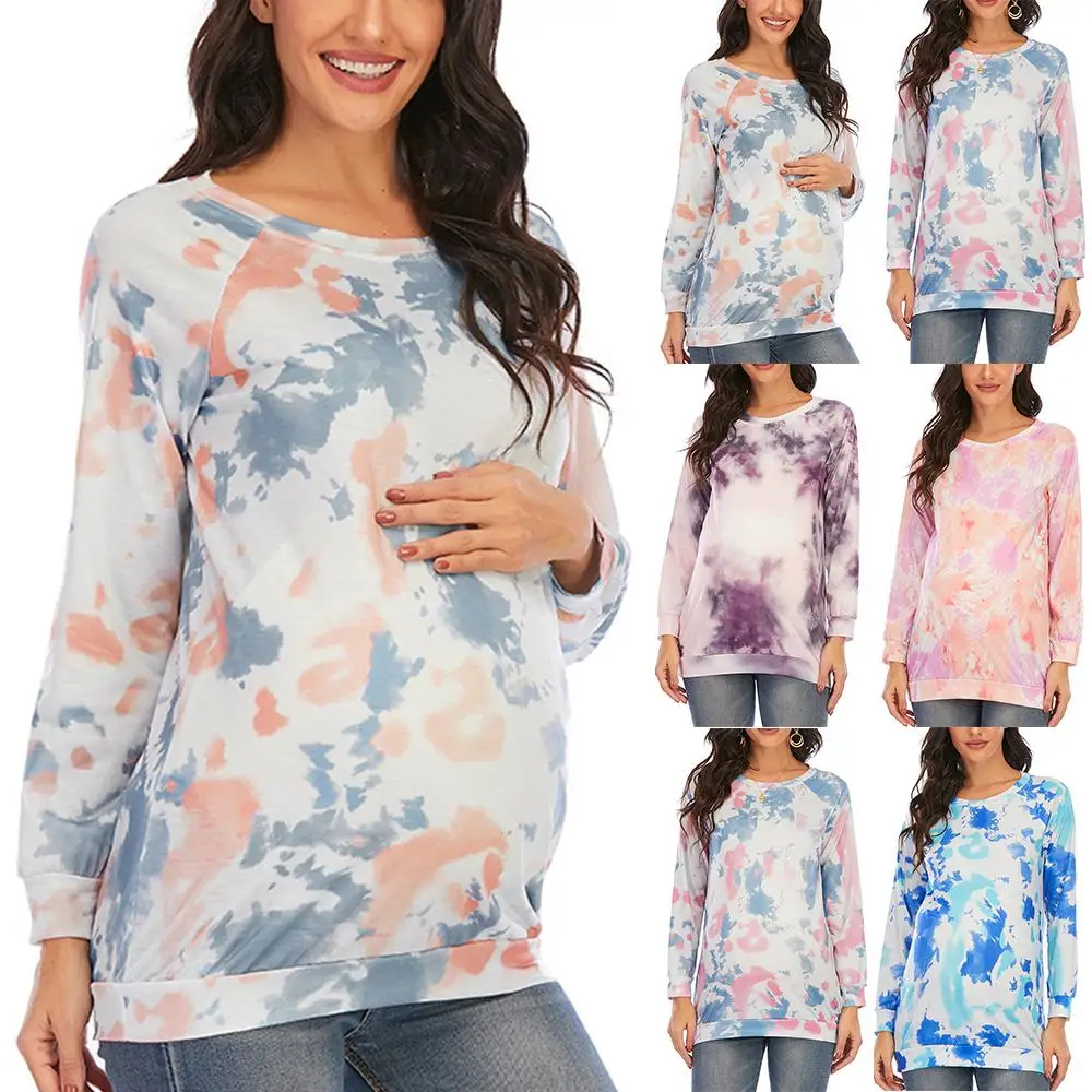 

Футболка с принтом тай-дай для беременных женщин с круглым вырезом и длинным рукавом Повседневные Топы пуловер Блузка