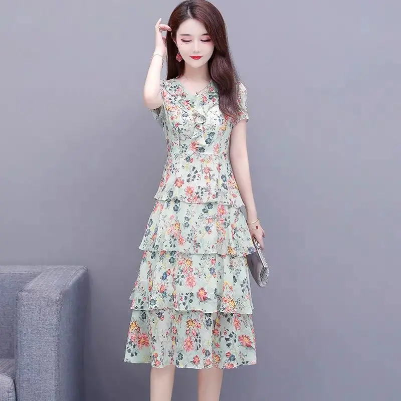 

Plus Size Women Dresses Summer 2021 New Elegant Short Sleeve V Neck Midi Floral Chiffon Dress Party Vestidos De Mujer Y909