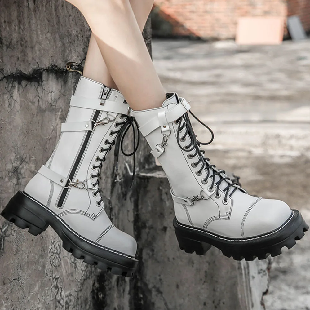 

Punk Motorcycle Martin Boots Women Winter Thick Plus Size 41 Gothic Leather Boots High Heel High Top Platform Thread Shoes Young