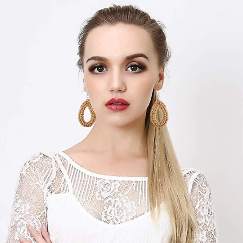 

Bohemian Wicker Rattan Knit Pendant Earrings Handmade Wood Vine Weave Geometry Round Statement Long Earrings for Women Jewelry