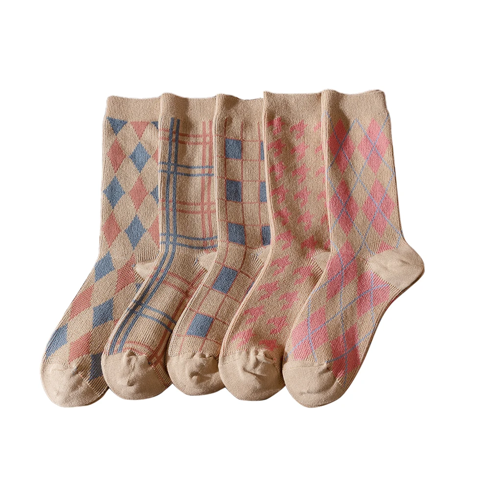 

1 Pair Women Socks Spring Autumn Retro Style Cotton Socks Women Men Couple Socks Striped Plaid Pattern Khaki Color Lovely Socks