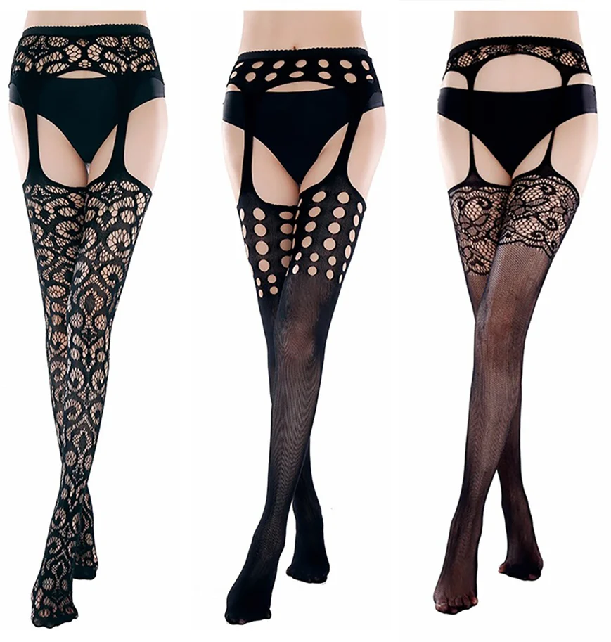 3 шт./лот Женские полосатые эластичные прозрачные черные ажурные чулки с вышивкой