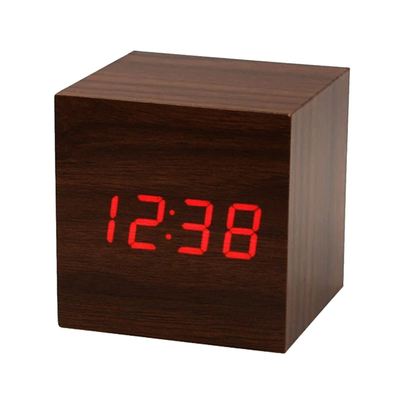 Wooden Led Alarm Clock Electronic Digital Display Time Mute Cube Clocks for Home Bedroom Dormitory Waking Up Wood | Дом и сад
