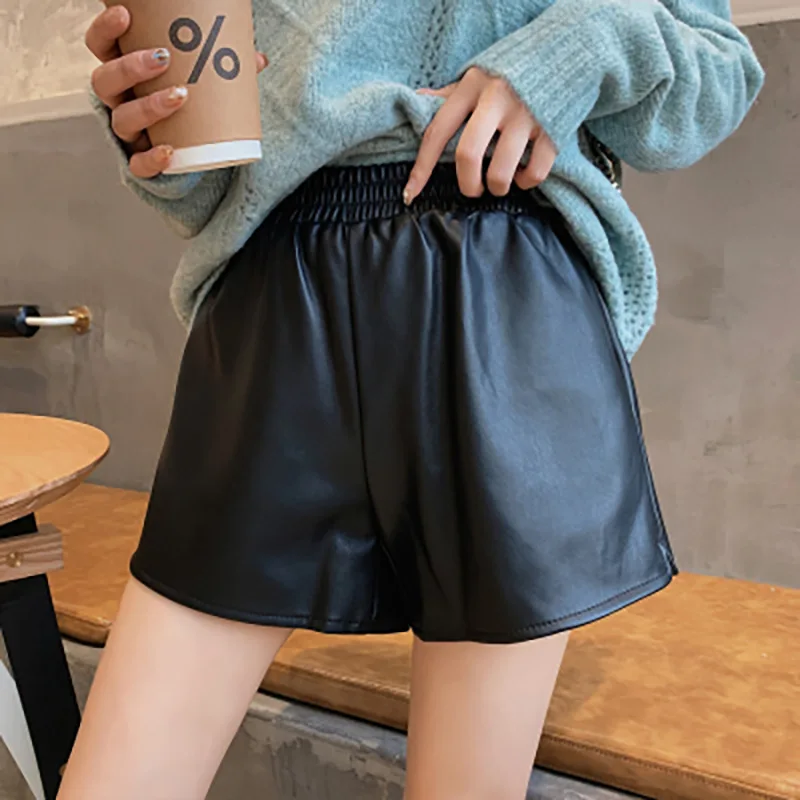 

Новинка 2021, эластичная талия, женские шорты из натуральной овечьей шкуры, трапециевидные свободные шорты с завышенной талией.