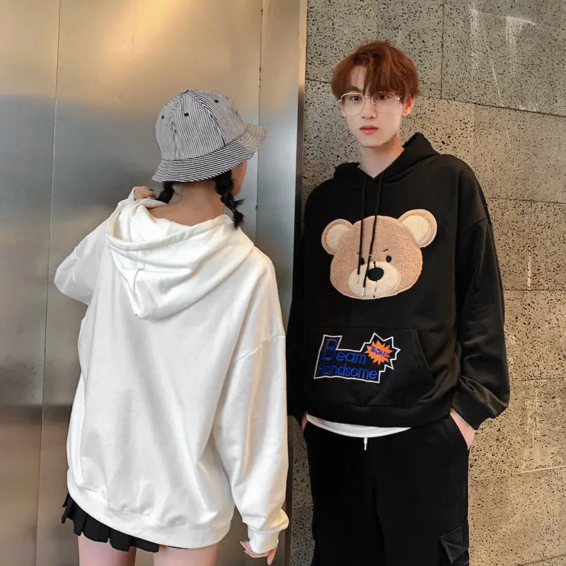 Bear Pattern Long Sleeve Hoodie Couple Wear Oversized Korean Winter Long Sleeve Hoodie Harajuku