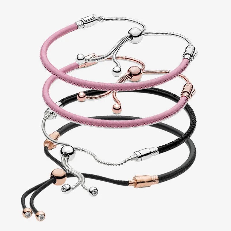 

Authentic S925 Sterling Silver Simple Pink Leather Rope Bracelet Suitable For Women's Diy Jewelry Original Charm