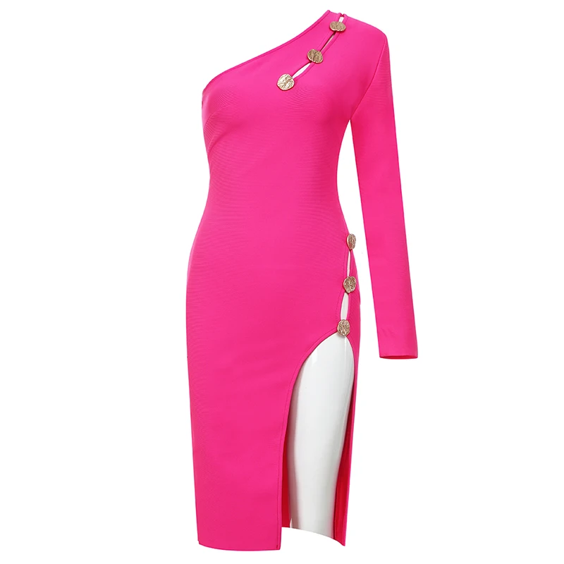 

Beateen Sexy One Shoulder Long Sleeve Hollow Out Studded Details Asymmetrical Split Bandage Dress 2019 New Women Party Vestidos