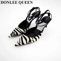 zebra pattern back strap pointed toe sandals women thin high heels rhinestones pumps party shoes slingback sandalias big size 42