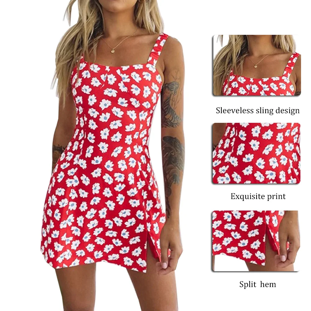 

Summer Elegant Floral Print Dress Office Lady Sleeveless Casual Dress Spaghetti Strap Tight See Through Dress Mini Dress