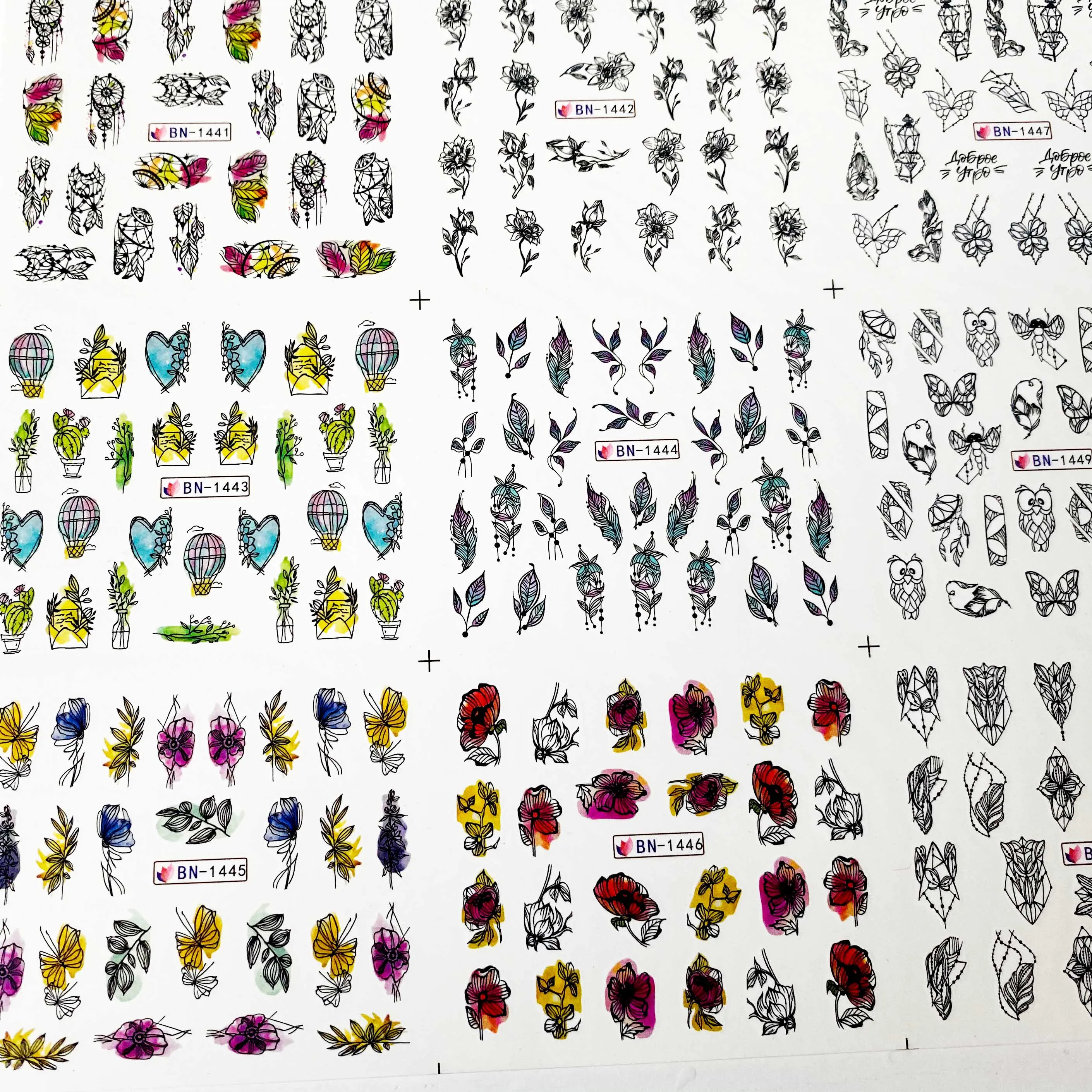 12 видов акварельных наклеек для ногтей в виде листьев с перьями птиц слайдер