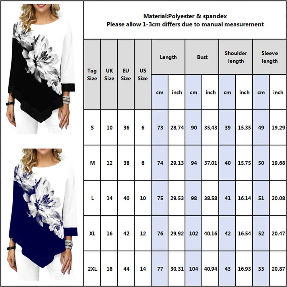 

Women Blouse Asymmetric Hem Ladies Blouse Shirt Flower Print Pullover Tops O Neck Blusas Three Quarter Casual Female Camisa