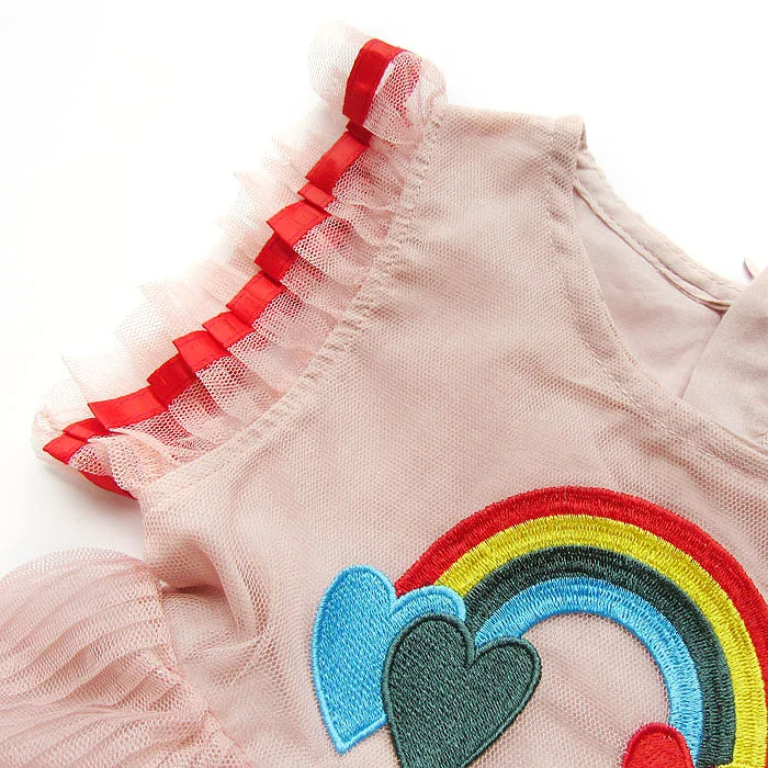 Летнее Сетчатое платье для девочек с вышивкой радуги без рукавов плиссированное